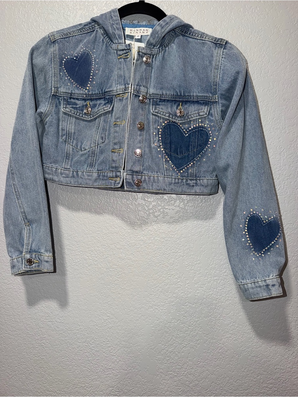 NWT Hannah Banana Heart Rhinestone Hooded Denim Jacket Girls Size 14